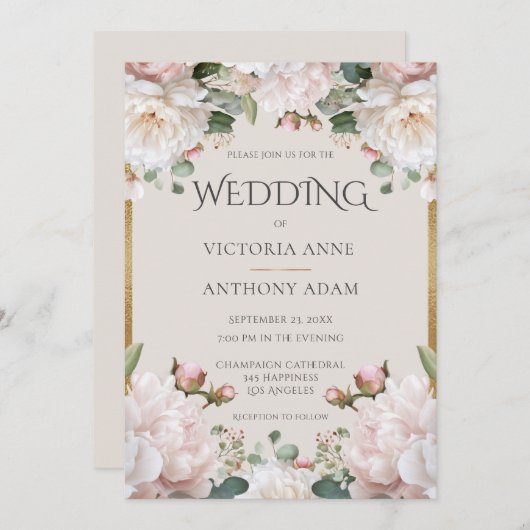 Einladung zur Hochzeit von Pink Peony Floral Water (Vorne/Hinten)