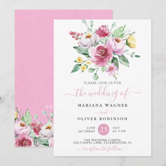 Einladung zur Hochzeit von Pink Watercolor Floral (Vorne/Hinten)