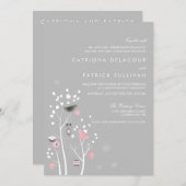 Einladung zur Hochzeit von Rosa und Grauvögeln (Vorne/Hinten)