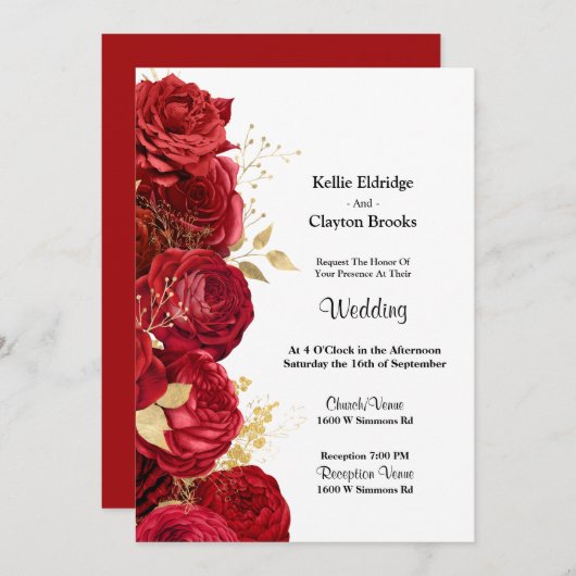 Einladung zur Hochzeit von Rot- und Goldblumen (Vorne/Hinten)