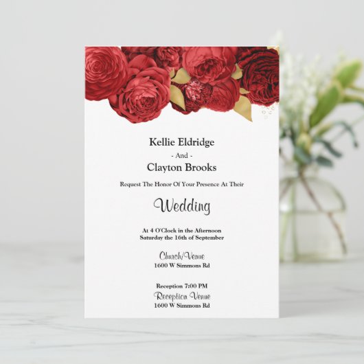 Einladung zur Hochzeit von Rot- und Goldblumen (Stehend Vorderseite)