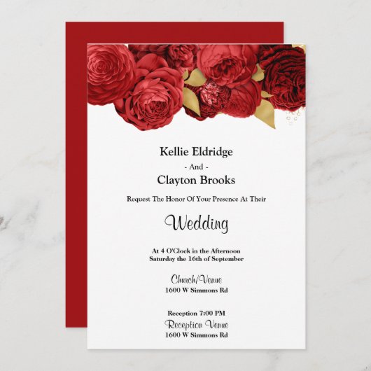 Einladung zur Hochzeit von Rot- und Goldblumen (Vorne/Hinten)