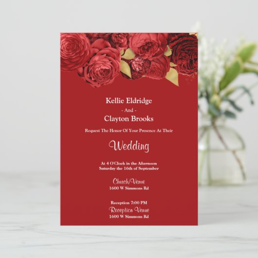 Einladung zur Hochzeit von Rot- und Goldblumen (Stehend Vorderseite)