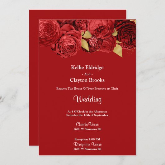 Einladung zur Hochzeit von Rot- und Goldblumen (Vorne/Hinten)