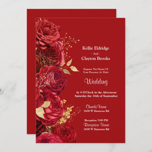 Einladung zur Hochzeit von Rot- und Goldblumen (Vorne/Hinten)