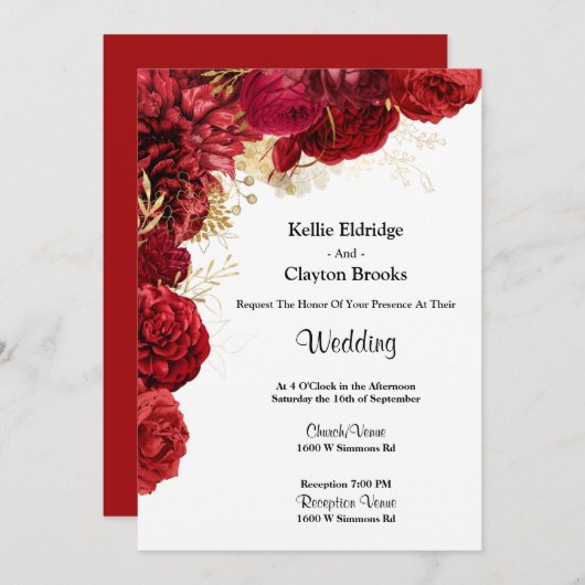 Einladung zur Hochzeit von Rot- und Goldblumen (Vorne/Hinten)