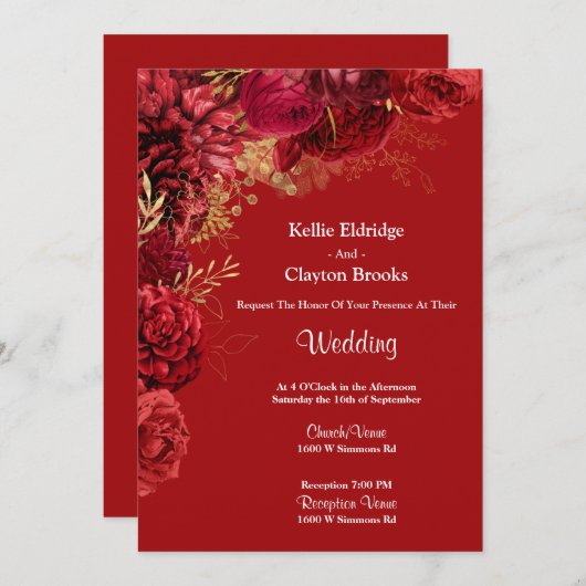 Einladung zur Hochzeit von Rot- und Goldblumen (Vorne/Hinten)