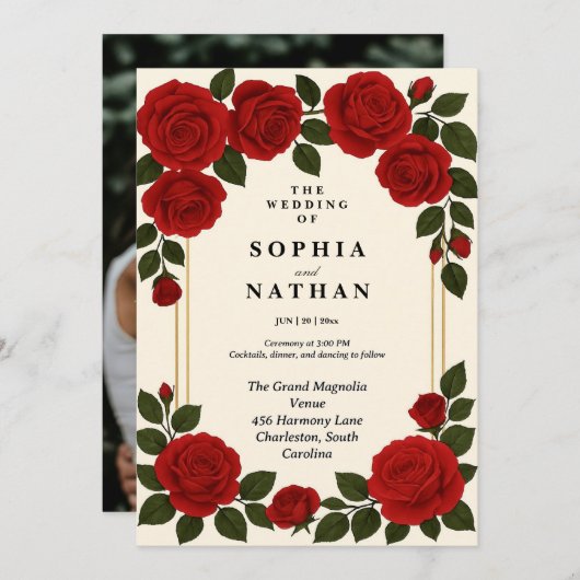 Einladung zur Hochzeit von Rote Rosen nach Ihren W (Vorne/Hinten)