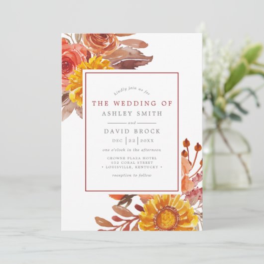 Einladung zur Hochzeit von Rustic Fall Floral Wate (Stehend Vorderseite)