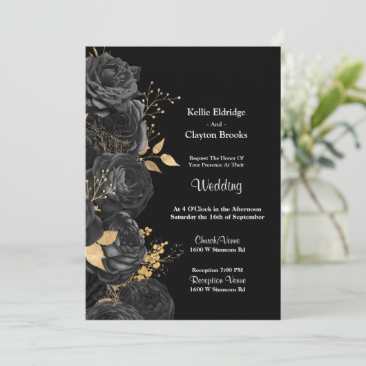 Einladung zur Hochzeit von Schwarz und Gold (Stehend Vorderseite)