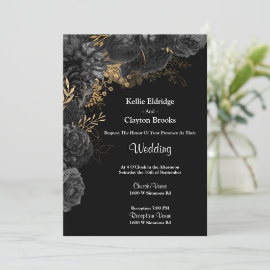 Einladung zur Hochzeit von Schwarz und Gold (Stehend Vorderseite)