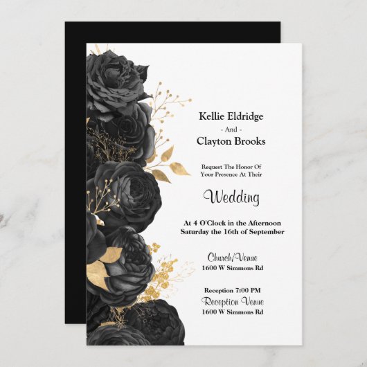 Einladung zur Hochzeit von Schwarz und Gold (Vorne/Hinten)