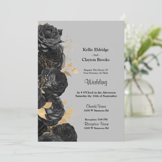 Einladung zur Hochzeit von Schwarz und Gold (Stehend Vorderseite)