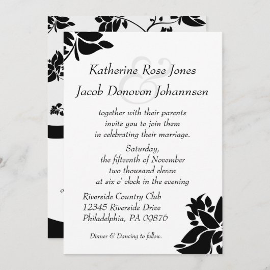 Einladung zur Hochzeit von Schwarz-Weiß-Blumen (Vorne/Hinten)