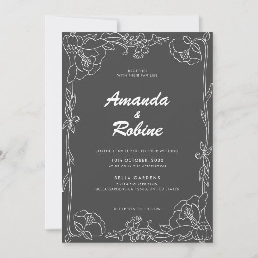 Einladung zur Hochzeit von Schwarz-Weiß-Blumen (Vorderseite)