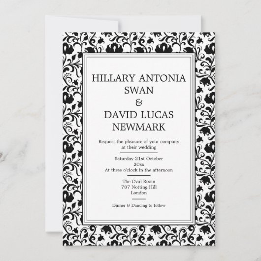 Einladung zur Hochzeit von Schwarz-Weiß-Blumenrahm (Vorderseite)