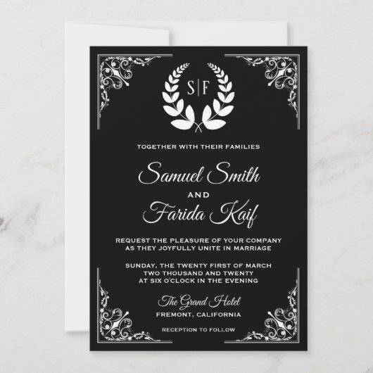 Einladung zur Hochzeit von Schwarz-Weiß-Laurel (Vorderseite)
