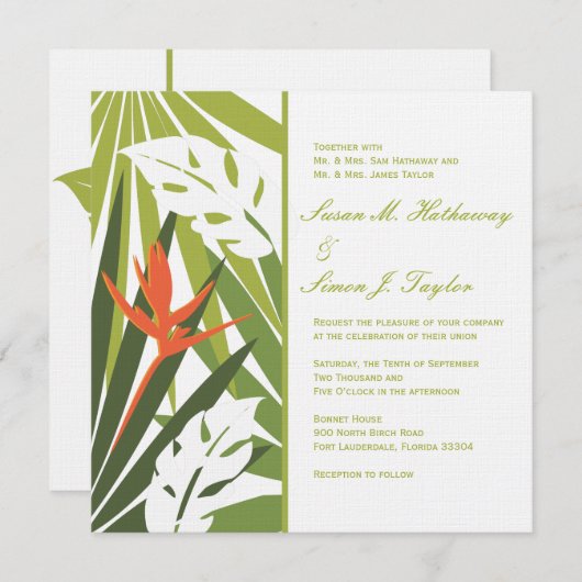 Einladung zur Hochzeit von tropischen Blumen - grü (Vorne/Hinten)