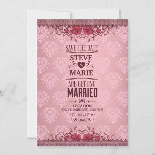 Einladung zur Hochzeit von Vintagen floralen Damas (Vorderseite)