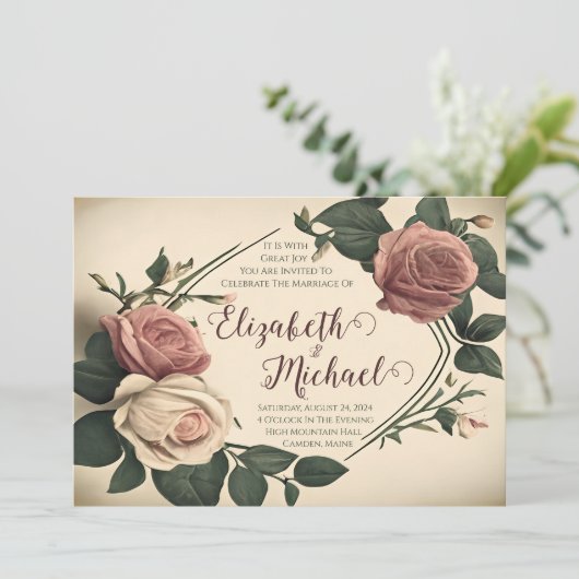 Einladung zur Hochzeit von Vintagen Rose (Stehend Vorderseite)