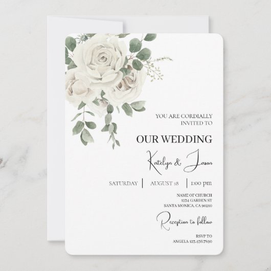 Einladung zur Hochzeit von White Floral English (Vorderseite)