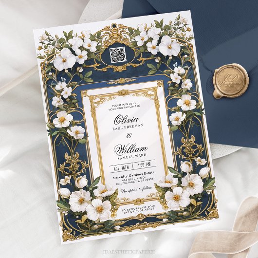 Einladung zur Hochzeit von White Floral Navy Blue 