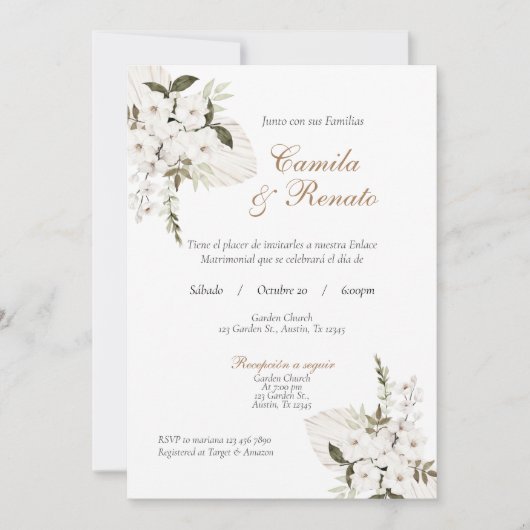 Einladung zur Hochzeit von White Floral Spanish (Vorderseite)