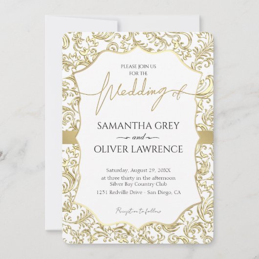 Einladung zur Hochzeit von White & Gold Damask (Vorderseite)