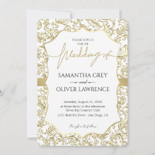 Einladung zur Hochzeit von White & Gold Damask