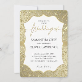 Einladung zur Hochzeit von White & Gold Damask