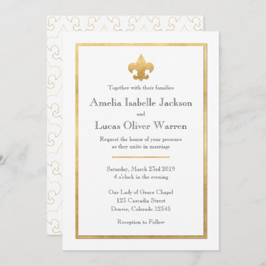 Einladung zur Hochzeit von White & Gold Lilie (Vorne/Hinten)