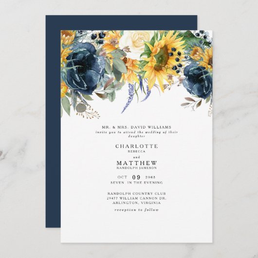Einladung zur Hochzeit von Yellow & Navy Floral Bo (Vorne/Hinten)