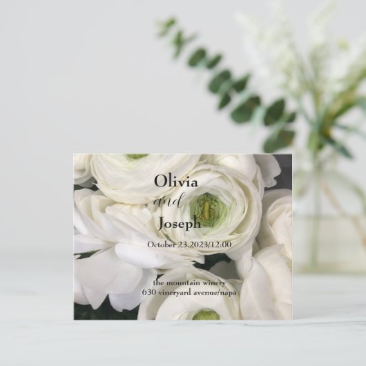 Einladung zur Hochzeit, weiße, frische Rose, Vorla Postkarte (Stehend Vorderseite)