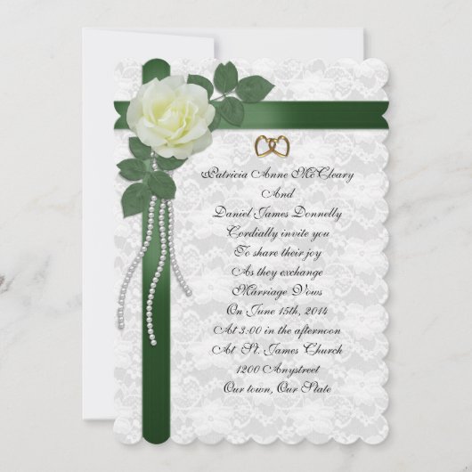 Einladung zur Hochzeit weiße Rose, grüne Bänder (Vorderseite)