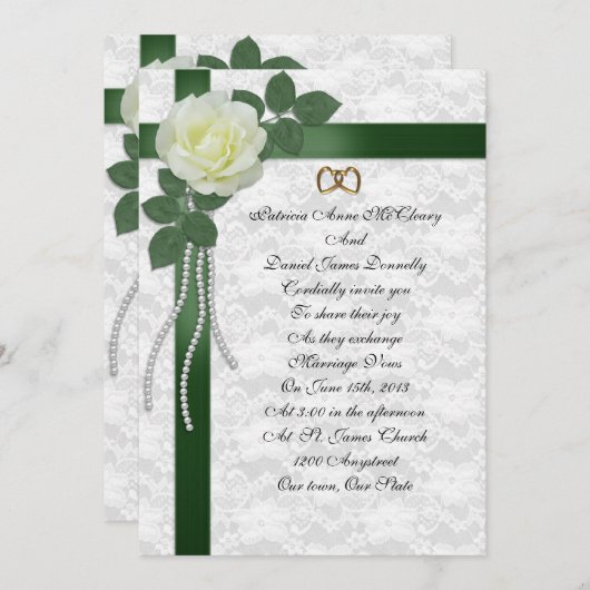 Einladung zur Hochzeit weiße Rose, grüne Bänder (Vorne/Hinten)