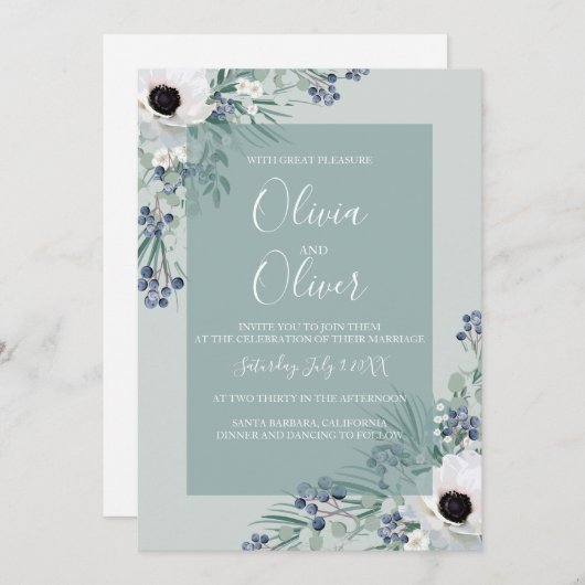 Einladung zur Hochzeit weißes Anemonsgrün (Vorne/Hinten)