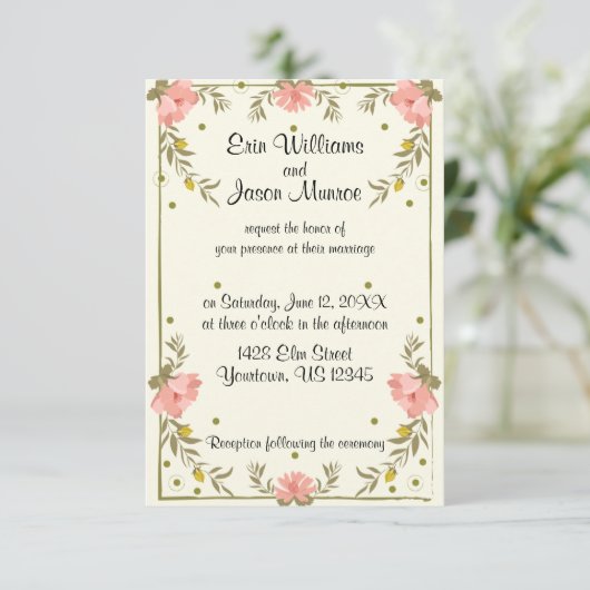 Einladung zur Hochzeitsfeier am rosa Blumenrand (Stehend Vorderseite)