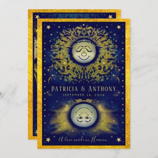 Einladung zur Hochzeitsfeier der Liebe Navy & Gold (Vorne/Hinten)