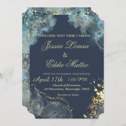 Einladung zur Hochzeitsfeier der Muschel Navy & Go (Vorne/Hinten)