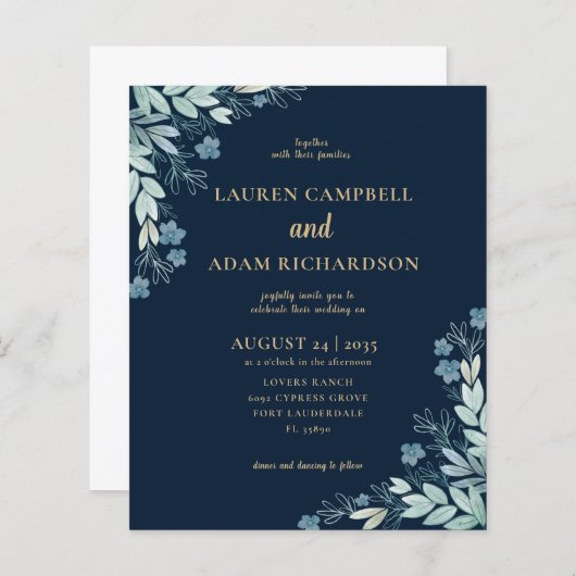 Einladung zur Hochzeitsfeier für Navy & Gold Folia (Vorne/Hinten)