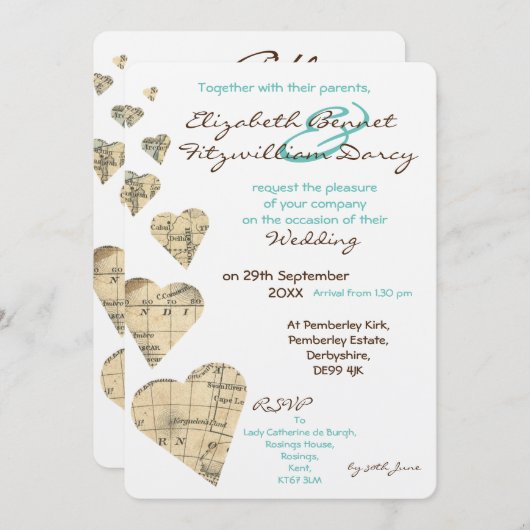 Einladung zur Hochzeitsfeier für Vintage Kartograf (Vorne/Hinten)