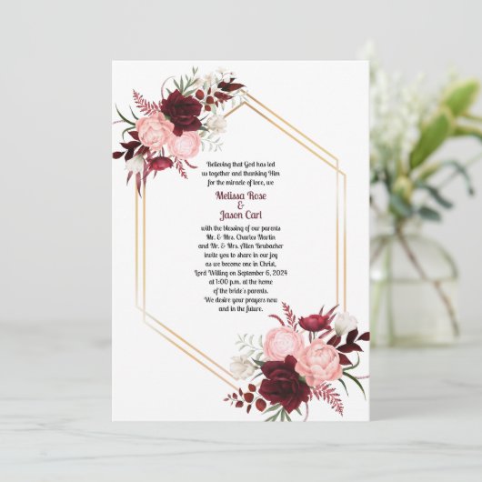 Einladung zur Hochzeitsfeier in Burgund Pink Roses (Stehend Vorderseite)