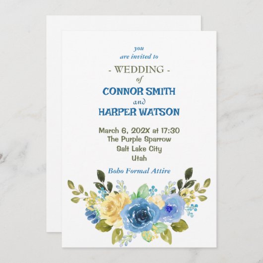 Einladung zur Hochzeitsfeier in Dusty Blue und Gel (Vorne/Hinten)