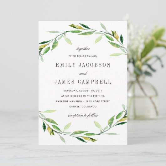 Einladung zur Hochzeitsfeier in Grünblättern (Stehend Vorderseite)