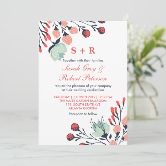 Einladung zur Hochzeitsfeier in Rot-Blauer Blüte (Stehend Vorderseite)