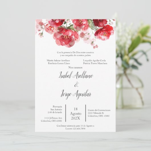 Einladung zur Hochzeitsfeier in Spanisch-Rote Blum (Stehend Vorderseite)