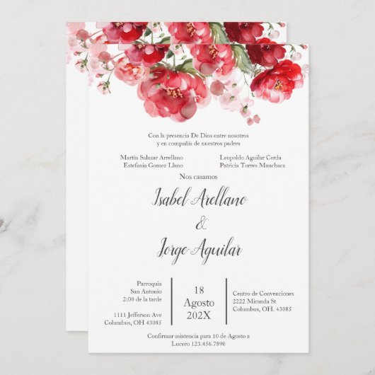 Einladung zur Hochzeitsfeier in Spanisch-Rote Blum (Vorne/Hinten)