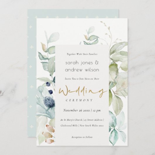 Einladung zur Hochzeitsfeier in weichem Pastellbla (Vorne/Hinten)