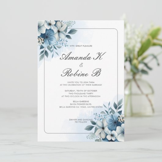 Einladung zur Hochzeitsfeier mit blauer Blume (Stehend Vorderseite)