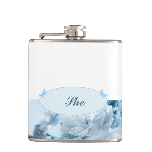 Einladung zur Hochzeitsfeier mit blauer Blume Flachmann (Vorderseite)